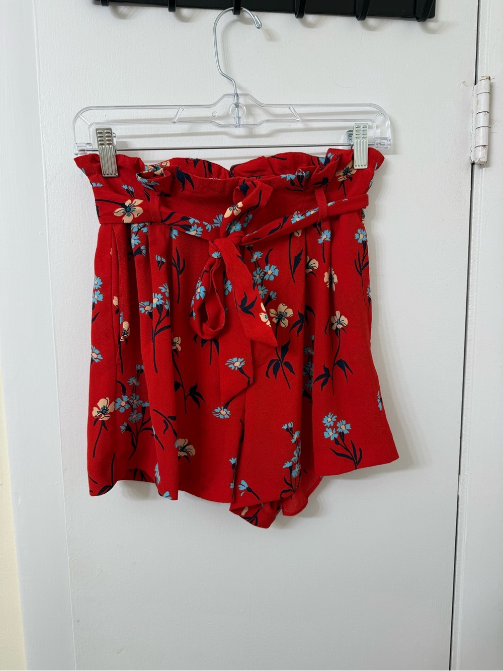 Zara Trafaluc Red Floral Paperbag Waist Shorts with Tie Belt